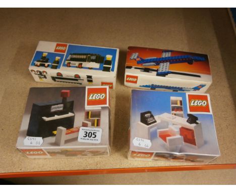 Four boxed vintage Lego sets to include 295 Office Desk, 293 Piano (both sealed), 695 Police and 657 Plane (both unopened)