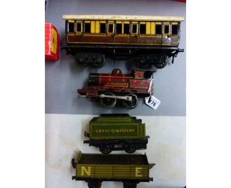 Bing O gauge model railway Achilles engine in maroon livery plus a Bing GWR coach, Bing GWR tender and a German wagon