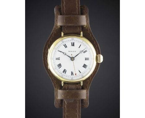 A GENTLEMAN'S 18K SOLID GOLD ROLEX OFFICERS WRIST WATCHCIRCA 1920Movement: Manual wind, signed Rolex.Case: Diameter approx. 3