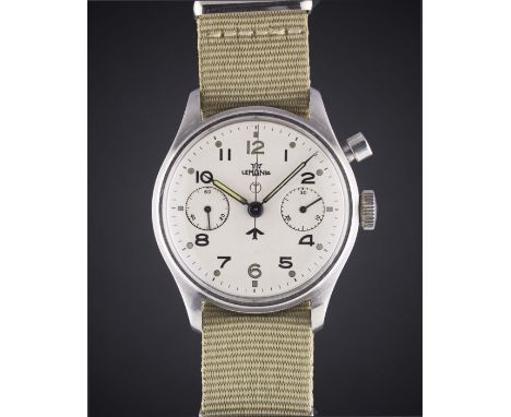 A GENTLEMAN'S STAINLESS STEEL BRITISH MILITARY LEMANIA SINGLE BUTTON ROYAL NAVY CHRONOGRAPH WRIST WATCH CIRCA 1940s, FIRST SE