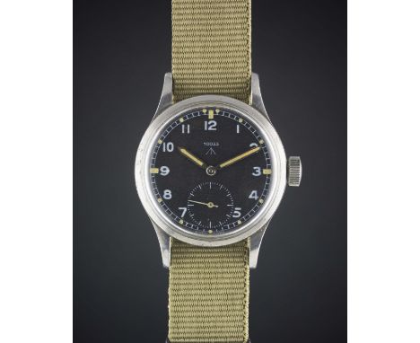 A GENTLEMAN'S STAINLESS STEEL BRITISH MILITARY OMEGA W.W.W. WRIST WATCH CIRCA 1940s, WITH NATO DIAL, PART OF THE "DIRTY DOZEN