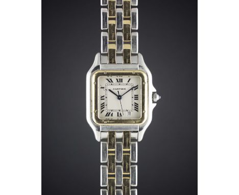 A GENTLEMAN'S SIZE STEEL & GOLD CARTIER PANTHERE BRACELET WATCHCIRCA 1990s, REF. 1100 Movement: Quartz, signed Cartier. Case: