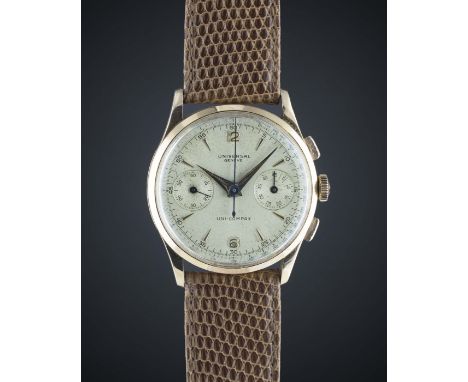 A GENTLEMAN'S 18K SOLID PINK GOLD UNIVERSAL GENEVE UNI COMPAX CHRONOGRAPH WRIST WATCHCIRCA 1960, REF. 12445Movement: 17J, man