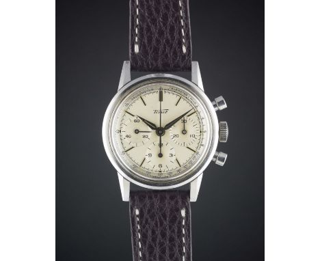 A GENTLEMAN'S STAINLESS STEEL TISSOT CHRONOGRAPH WRIST WATCH CIRCA 1960s, WITH TWO TONE SILVER DIAL & "ALPHA" HANDSMovement: 