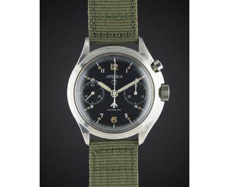 A GENTLEMAN'S STAINLESS STEEL BRITISH MILITARY LEMANIA SINGLE BUTTON ROYAL NAVY CHRONOGRAPH WRIST WATCH CIRCA 1960sMovement: 