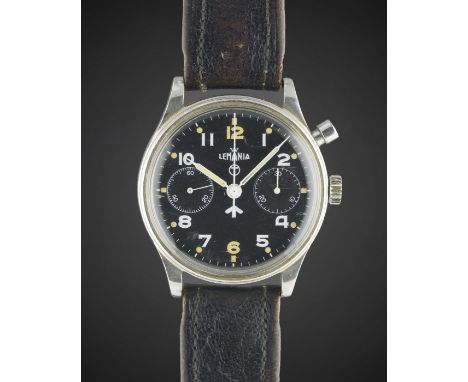 A RARE GENTLEMAN'S STAINLESS STEEL BRITISH MILITARY LEMANIA SINGLE BUTTON ROYAL NAVY PILOTS CHRONOGRAPH WRIST WATCH CIRCA 196