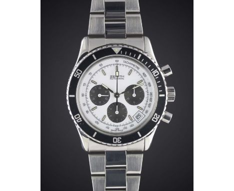 A RARE GENTLEMAN'S STAINLESS STEEL ZENITH "DE LUCA" EL PRIMERO AUTOMATIC CHRONOGRAPH BRACELET WATCH
CIRCA 1988, REF.&nbsp;01.