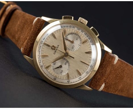 A RARE GENTLEMAN'S 18K SOLID GOLD OMEGA CHRONOGRAPH WRIST WATCH CIRCA 1960, REF. OT 2872 15 BRUSHED DIAL WITH "COFFIN" MARKER