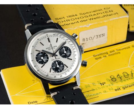 A RARE GENTLEMAN'S STAINLESS STEEL BREITLING TOP TIME CHRONOGRAPH WRIST WATCH CIRCA 1968, REF. 810 "PANDA" DIAL, WITH ORIGINA