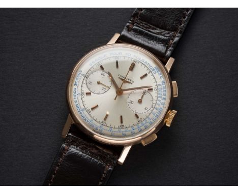 A FINE & RARE GENTLEMAN'S 18K SOLID PINK GOLD LONGINES FLYBACK "DOCTORS" CHRONOGRAPH WRIST WATCHCIRCA 1966, REF. 7414 6 WITH 