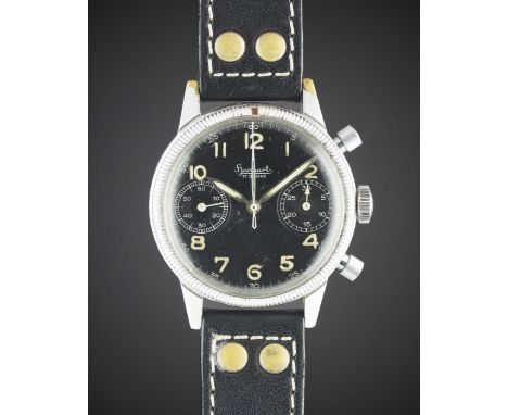 A RARE GENTLEMAN'S GERMAN MILITARY HANHART FLIEGER FLYBACK CHRONOGRAPH WRIST WATCH CIRCA 1957, TYPE 417Movement: Manual wind,