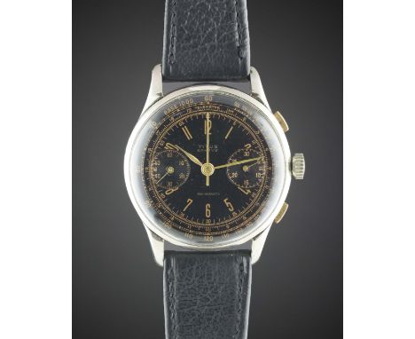 A GENTLEMAN'S LARGE SIZE TITUS CHRONOGRAPH WRIST WATCH CIRCA 1940s, WITH GLOSS BLACK GILT DIALMovement: Manual wind, Valjoux 