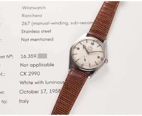 A RARE GENTLEMAN'S STAINLESS STEEL OMEGA RANCHERO WRIST WATCH DATED 1958, REF. 2990 1 WHITE DIAL WITH "BROAD ARROW" HANDS, AC