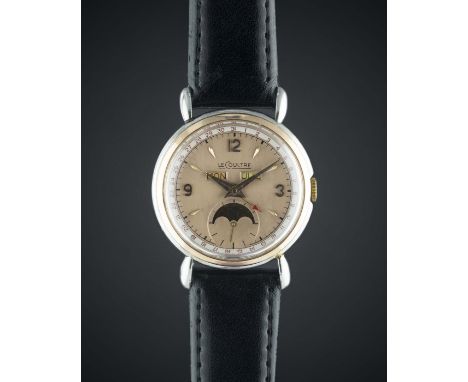 A GENTLEMAN'S STEEL & ROSE GOLD LECOULTRE MOONPHASE TRIPLE CALENDAR WRIST WATCHCIRCA 1950sMovement: 17J, manual wind, cal. 49