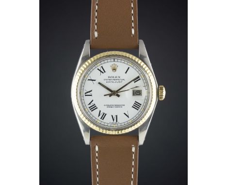 A GENTLEMAN'S STEEL & GOLD ROLEX OYSTER PERPETUAL DATEJUST WRIST WATCHCIRCA 1977, REF. 1601 WITH WHITE "BUCKLEY" DIALMovement