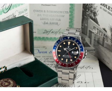 A RARE GENTLEMAN'S STAINLESS STEEL ROLEX OYSTER PERPETUAL DATE GMT MASTER BRACELET WATCHDATED 1972, REF. 1675 WITH MK1 MATT "