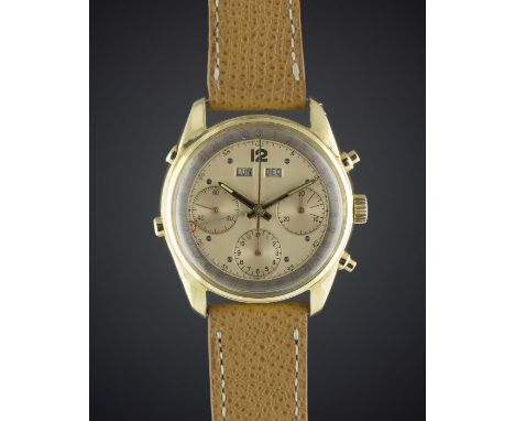 A FINE GENTLEMAN'S 18K SOLID GOLD "WATERPROOF" TRIPLE CALENDAR CHRONOGRAPH WRIST WATCH CIRCA 1950sMovement: Manual wind, Valj