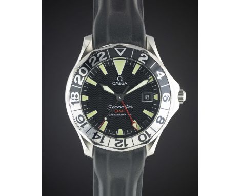 A GENTLEMAN'S STAINLESS STEEL OMEGA SEAMASTER GMT CHRONOMETER WRIST WATCH CIRCA 2000s, 50TH ANNIVERSARY EDITIONMovement: Auto