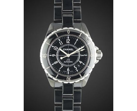 A FULL SIZE BLACK CERAMIC CHANEL J12 AUTOMATIC BRACELET WATCHDATED 2007, WITH BOX & GUARANTEE CARDMovement: Automatic, signed