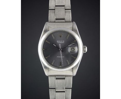 A GENTLEMAN'S STAINLESS STEEL ROLEX OYSTERDATE PRECISION BRACELET WATCHCIRCA 1973, REF. 6694 WITH GREY DIAL, ACCOMPANIED BY O