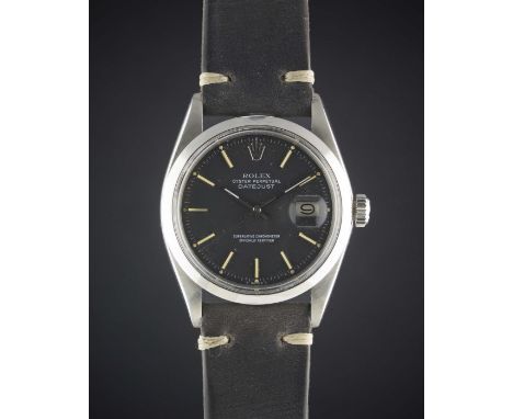 A RARE GENTLEMAN'S STAINLESS STEEL ROLEX OYSTER PERPETUAL DATEJUST WRIST WATCHCIRCA 1974, REF. 1600 WITH MATT BLACK DIALMovem