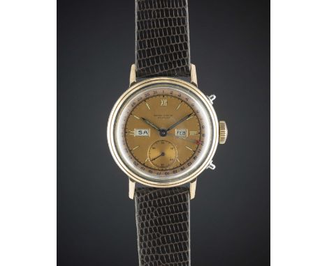 A GENTLEMAN'S STEEL & ROSE GOLD MOVADO TRIPLE CALENDAR WRIST WATCHCIRCA 1940s, RETAILED BY BEYER ZURICHMovement: 15J, manual 