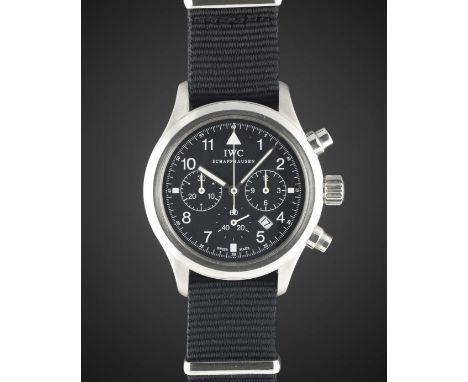 A GENTLEMAN'S STAINLESS STEEL IWC DER FLIEGER CHRONOGRAPH WRIST WATCH CIRCA 1990s, REF. 3741Movement: 25J, mecha-quartz, sign