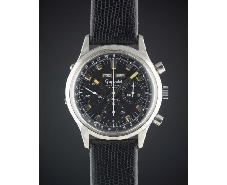 A RARE GENTLEMAN'S LARGE SIZE STAINLESS STEEL GIGANDET WAKMANN TRIPLE CALENDAR CHRONOGRAPH WRIST WATCH  CIRCA 1970, REF. 73.1