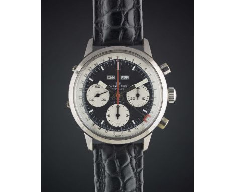 A GENTLEMAN'S LARGE SIZE WAKMANN TRIPLE CALENDAR CHRONOGRAPH WRIST WATCH CIRCA 1960sMovement: 17J, manual wind, Valjoux cal. 