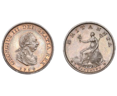 George III (1760-1820), Soho Mint, Birmingham, Proof Farthing, 1799 (late Soho), in copper, laureate bust right, brooch with 