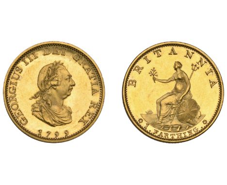 George III (1760-1820), Soho Mint, Birmingham, Proof Farthing, 1799 (late Soho), in gilt-copper, laureate bust right, brooch 