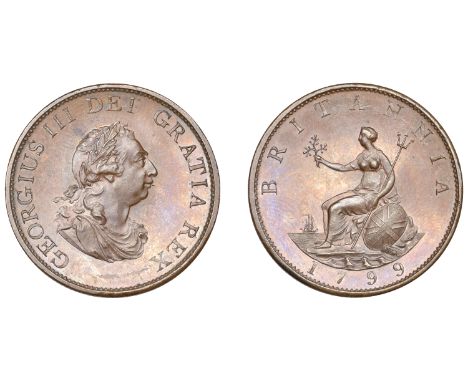 George III (1760-1820), Soho Mint, Birmingham, Proof Halfpenny, 1799, in copper, laureate bust right with thin flaw extending