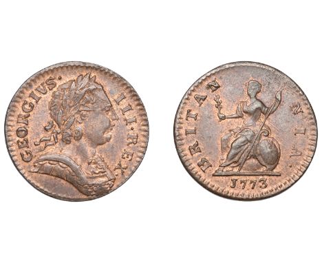 George III (1760-1820), Tower Mint, London, Farthing, 1773, obv. 2, laureate bust right, top line of scales on breast-plate a