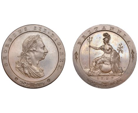 The first coin depicting Britannia wearing a helmet   George III (1760-1820), Soho Mint, Birmingham, Pattern Penny, 1797 (ear