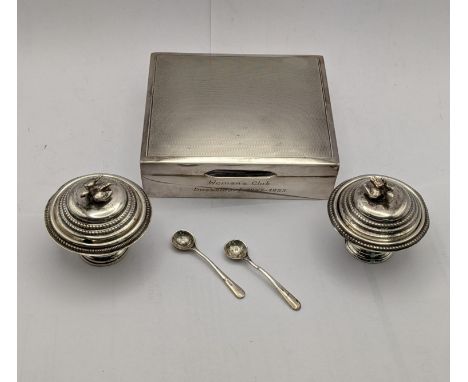 White metal to include an engine turned design lidded box, together with a pair of white metal condimentsLocation: 