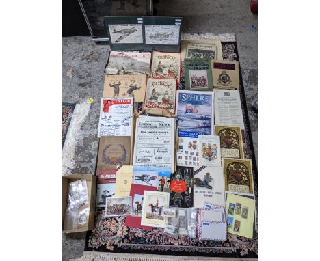 A mixed lot of ephemera to include Punch, The Tatler, The illustrated London News, The Sphere magazines, various cigarette ca