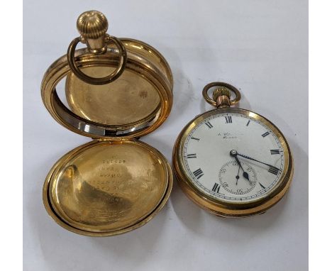 An early 20th century gold plated keyless wound open faced pocket watch, together with a gold plated Dennison watch case Loca