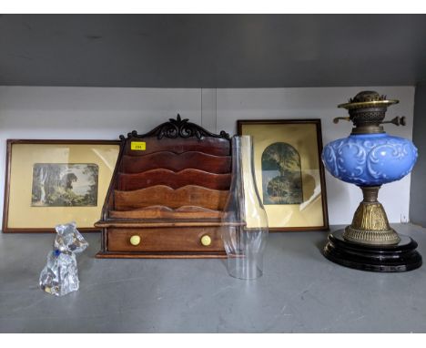 A mixed lot to include a Swarovski crystal model of a seated terrier dog, Victorian brass and glass oil lamp with glass smoke