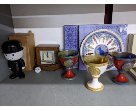 Three Margery Clinton studio pottery lustre goblets commemorating Queen Elizabeth Silver Jubilee, two boxed Wedgwood plates, 