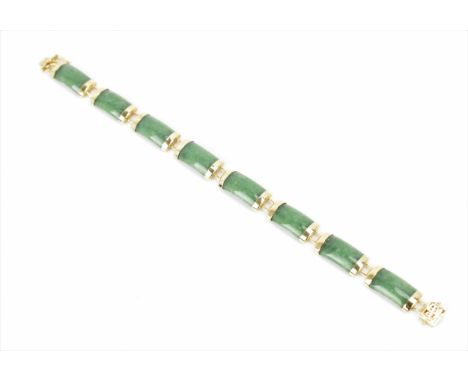 A Chinese 14ct yellow gold and green jade coloured bracelet, with rectangular links, the clasp with Chinese character, hallma