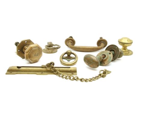 A quantity of brass door and furniture items, together with a collection of vintage wood working tools