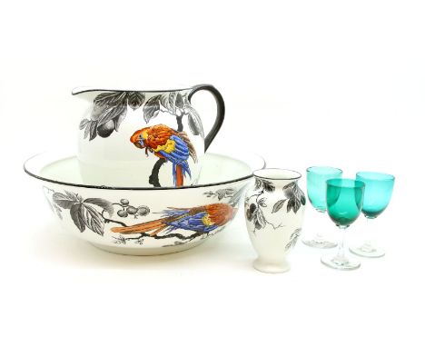 An Adderley's Ltd Macaw potter jug and wash basin, together with further dressing table items, and a set of eleven Victorian 