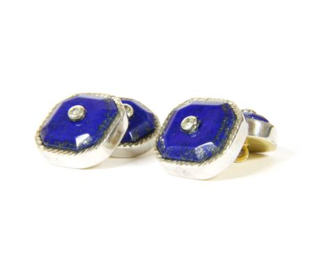 A pair of silver lapis lazuli chain link cufflinks, a single stone diamond rub set to a lapis lazuli ground, to a silver fram