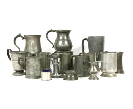 A collection of pewter tankards, a candlestick, inkwell and jug (15), tallest 16.5cm highProvenance:  The Collection of Mr an