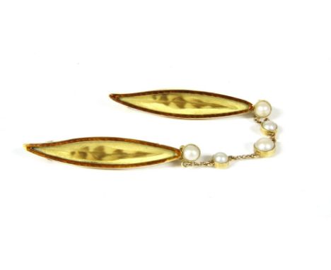 A 19th century gold cape brooch, two marquise shaped brooches set with feathers, with enamel border and split pearl set chain