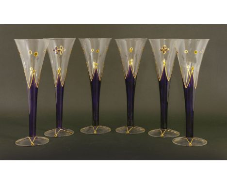 Six modern champagne flutes, with gilt and enamel decoration, 24cm high and a Victorian rinser and three jugs (6)Provenance: 