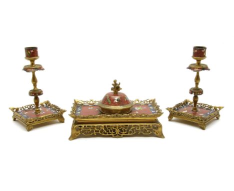 A Victorian cloisonné desk set, with an inkwell and a pair of candlesticks
