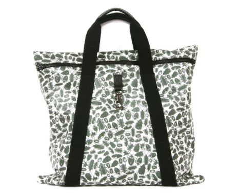 A Mulberry limited edition 'Jamie' bug print shopper handbag, white leather with a printed green 'bug' pattern, black canvas 