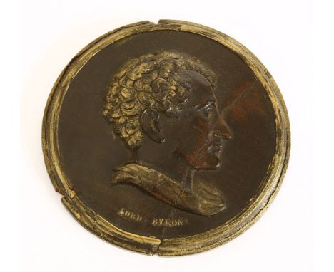 A carved oak and gilt highlighted portrait roundel of Lord Byron, mid 19th century, 13cm diameterProvenance:  The Collection 