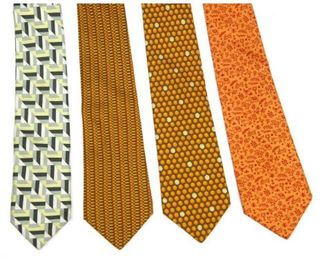 Four Hermès silk ties, to include an orange silk ground tie with a printed red animal design, a green silk ground tie with a 